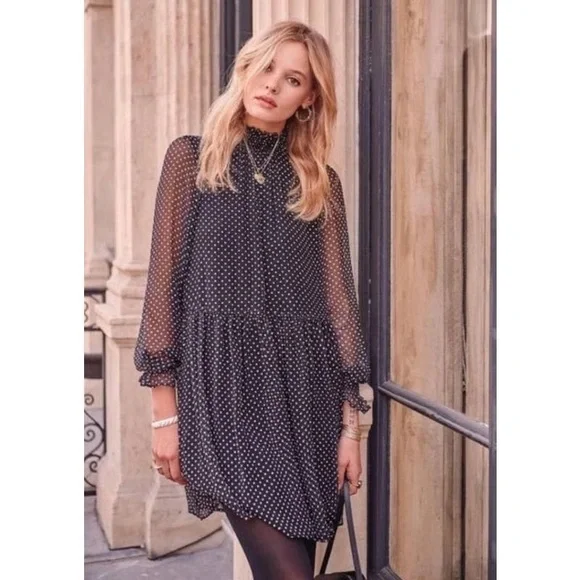 Sezane Olivia dress, silk black and white polka dots size 34 EUC - Picture 1 of 9